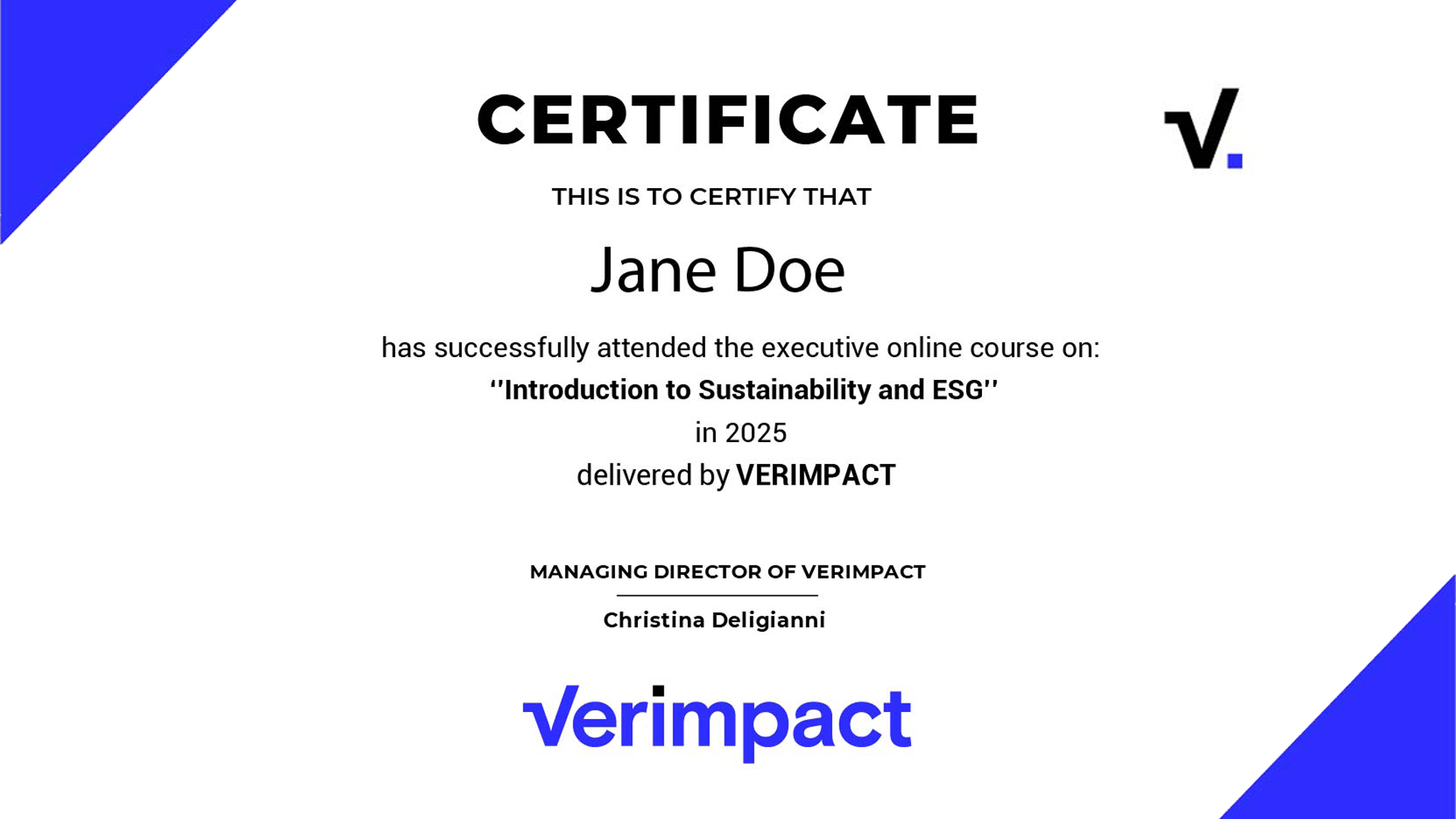 Laptop screen displaying the Verimpact ESG platform dashboard. The interface shows company sustainability metrics including stakeholder and materiality status with a circular progress chart, company member bar chart, and data collection indicators for environmental, social, and governance categories.